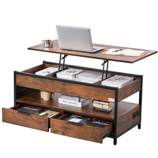 Lift Top Coffee Table 39.4" Rectangle Coffee Table with Light & USB Brown