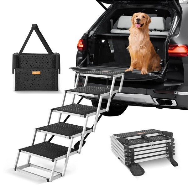 Dog Stair for Cars 5-step Folding Dog Steps Aluminum Loads up to 150 lbs, Foldable 30.3-31.9in Adjustable Height