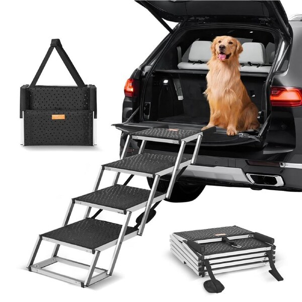 Dog Stair for Cars 4-step Folding Dog Steps Aluminum Loads up to 150 lbs, Foldable 24-25.4 in Adjustable Height