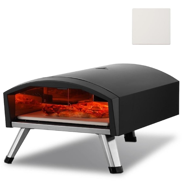 Outdoor Pizza Oven, 12" Gas Fired Pizza Maker, Portable Outside Pizza Grill with Thickened Cordierite Pizza Stone, Waterproof Cover, Iron Spray Gas Oven with Foldable Leg for Camping &