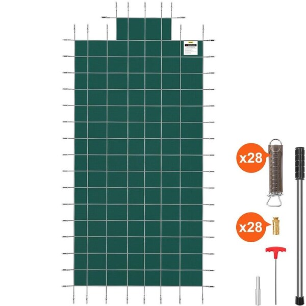 Pool Safety Cover Fits 16x32ft Rectangle Inground Safety Pool Cover Green Mesh with 4x8ft Center End Steps Solid Pool Safety Cover for Swimming Pool Winter Safety