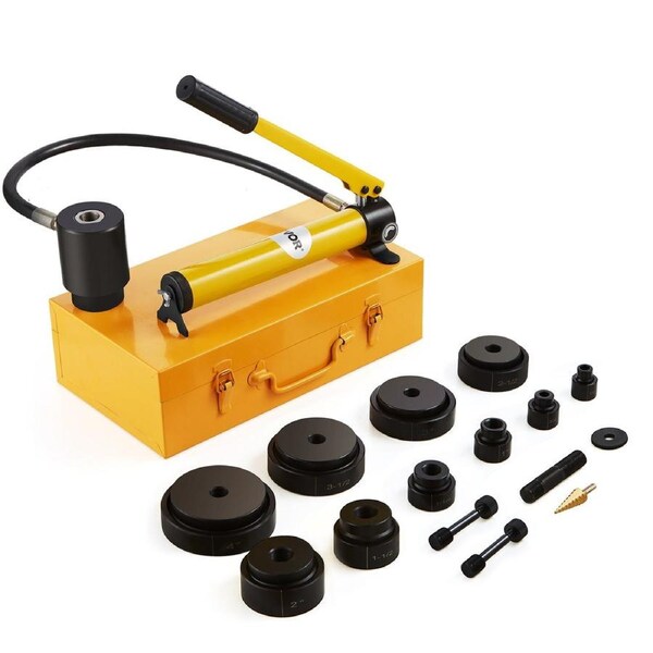 15 Ton Hydraulic Knockout Punch Kit, 1/2" to 4" Conduit Hole Cutter Set, KO Tool Kits with Puncher 10 Piece, Metal Sheet Driver Tools, For Aluminum, Brass, Stainless Steel, Fiberglass and