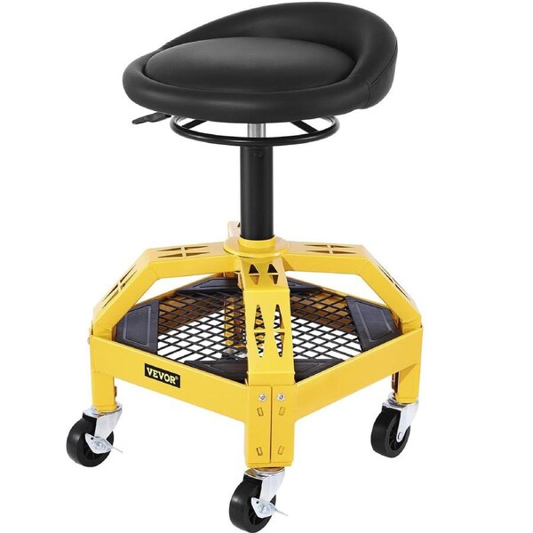 Rolling Garage Stool, 300LBS Capacity, Adjustable Height from 24 in to 28.7 in, Mechanic Seat with 360-degree Swivel Wheels and Tool Tray, for Workshop, Auto Repair Shop,