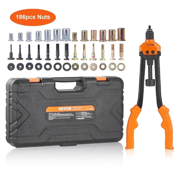Rivet Nut Tool, 16” Rivnut Tool Kit with 13PCS Metric and SAE Mandrels, 186PCS Rivet Nuts, M3, M4, 10-24, M5, M6, 1/4-20, 8-32, 5/16-18, M8, 3/8-16, M10, M12, 1/2-13, With Carrying
