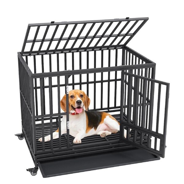 47 Inch Heavy Duty Dog Crate, Indestructible Dog Crate, 3-Door Heavy Duty Dog Kennel for Medium to Large Dogs with Lockable Wheels and Removable Tray, High Anxiety Dog Crate for Indoor &