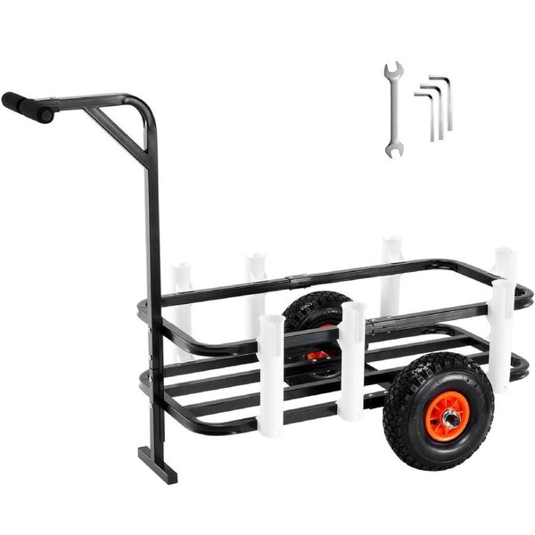 Beach Fishing Cart, 91 kg Load Capacity, Fish and Marine Cart with Two 275 mm Big Wheels Rubber Balloon Tires for Sand, Heavy-Duty Steel Pier Wagon Trolley with 7 Rod Holders for Fishing,