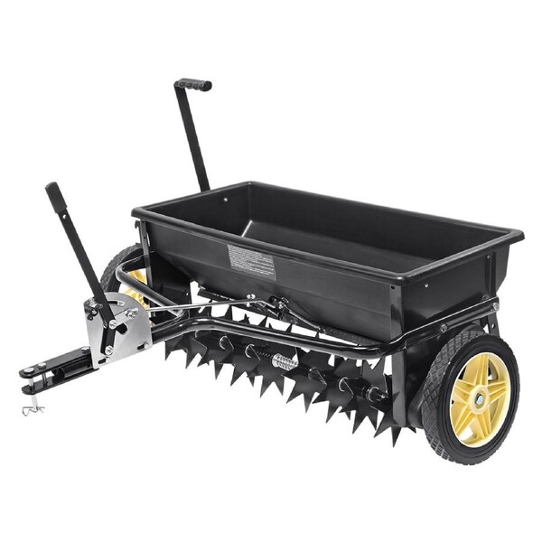 Broadcast Spreader, 100 LB Tow Behind Poly Drop Spreader with 10" Wheels, Steel Spike Aerator, Fertilizer Spreader, Garden Seeder, and Salt Spreader, for Residential, Farm, Tough Terrain,
