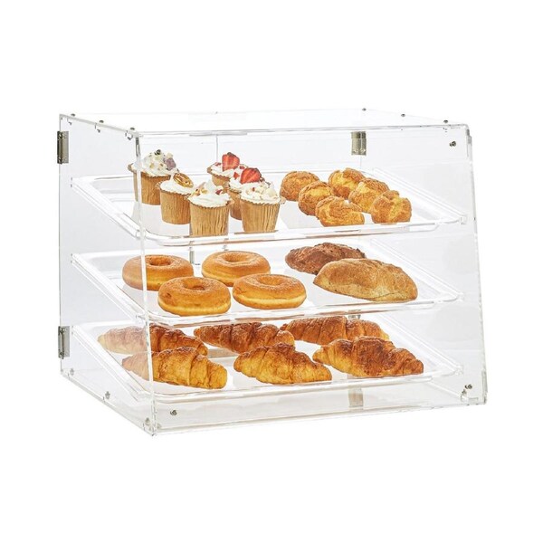 Pastry Display Case, 3-Tier Commercial Countertop Bakery Display Case, Acrylic Display Box with Rear Door Access & Removable Shelves, Keep Fresh for Donut Bagels Cake