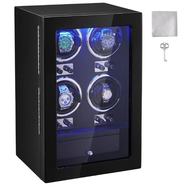 Watch Winder, Watch Winder for 4 Men's and Women's Automatic Watches, with 4 Super Quiet Japanese Mabuchi Motors, Blue LED Light and Adapter, High-Density Board Shell and Black