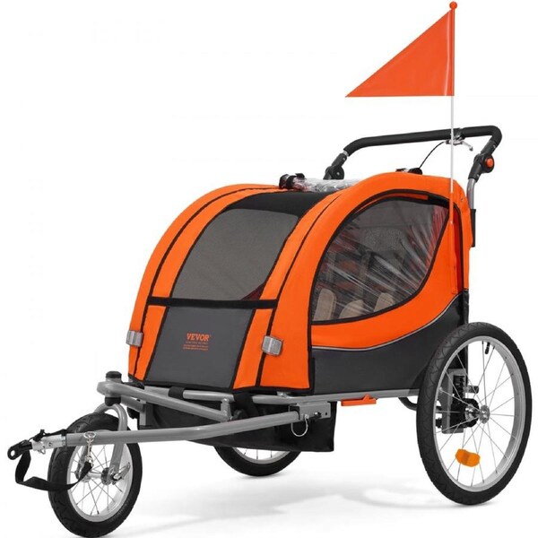 Bike Trailer for Toddlers, Kids, Double Seat, 45 kg Load, 2-In-1 Canopy Carrier Converts to Stroller, Tow Behind Foldable Child Bicycle Trailer with Universal Bicycle Coupler, Orange and Gray