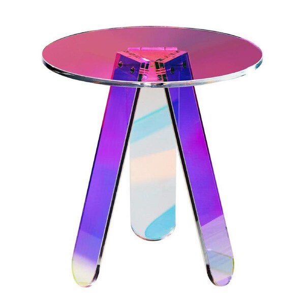 Round Iridescent Side Table, Acrylic End Table, Clear Rainbow Acrylic Coffee Table for Drink, Food, Snack used in Living Room, Bedroom, and Study