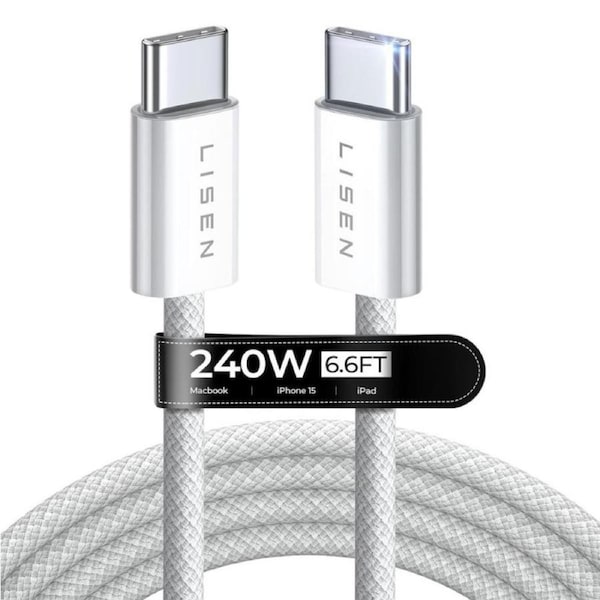 LISEN USB C to USB C Cable 240W USBC to USBC Cable PD Fast Charging Type C Cable USB C Charger Cable for iPhone 16 MacBook Pro iPad Pro Matebook Chromebook Pixel Samsung S24 Switch (White-1pack)