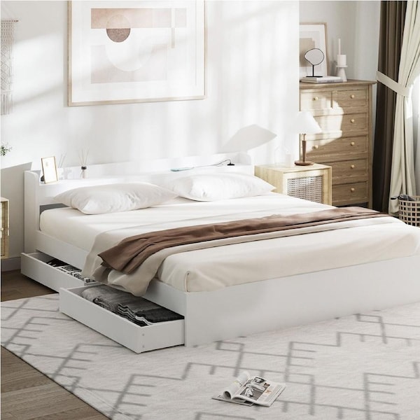 Oikiture Wooden Bed Frame King Size with Charging Ports & 2 Drawers-White