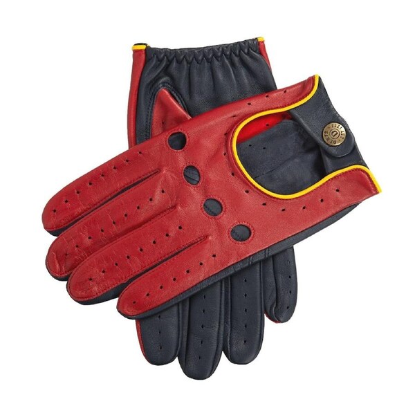 Dents Mens Touchscreen Three Colour Leather Driving Gloves - Berry/Navy/Yellow XL