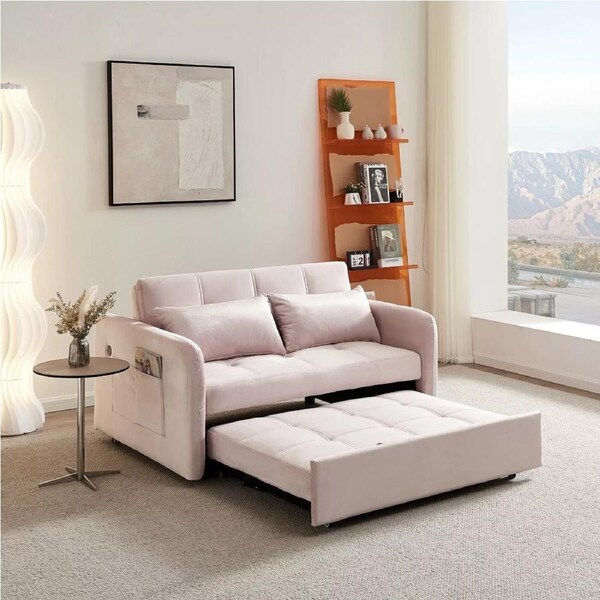 Matilda Convertible Pink Velvet Sleeper Sofa Bed with Reclining Backrest and 2 Throw Pillows, USB cable