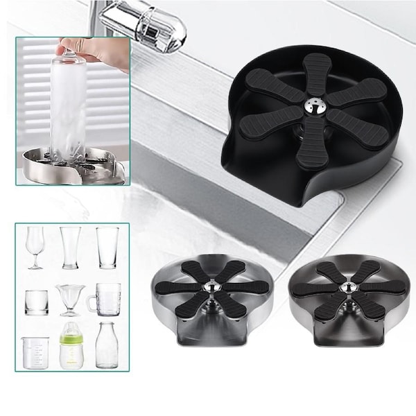 3 Colours Stainless Steel Automatic Cup Washer Cup Kitchen Sink Auto Glass Rinser Bottle Coffee Bar Wash Tool Brushed Chrome/Black/Grey Brushed Gun Metal Grey
