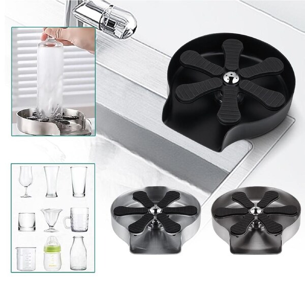 3 Colours Stainless Steel Automatic Cup Washer Cup Kitchen Sink Auto Glass Rinser Bottle Coffee Bar Wash Tool Brushed Chrome/Black/Grey Brushed Chrome