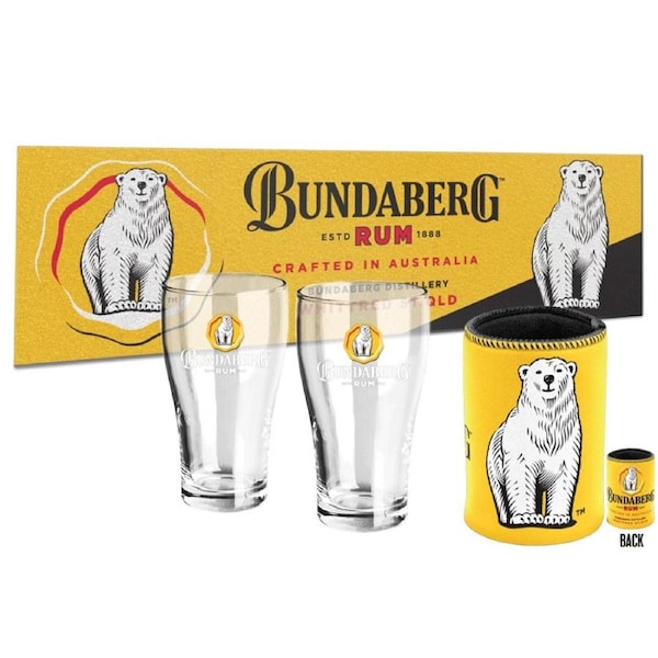 Bundy Bundaberg Rum Crafted Essentials Pack Schooner Glasses Can Cooler Bar Runner