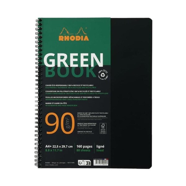 Rhodia A4+ Rhodiactive GreenBook Wirebound Stationery Notebook Ruled Black
