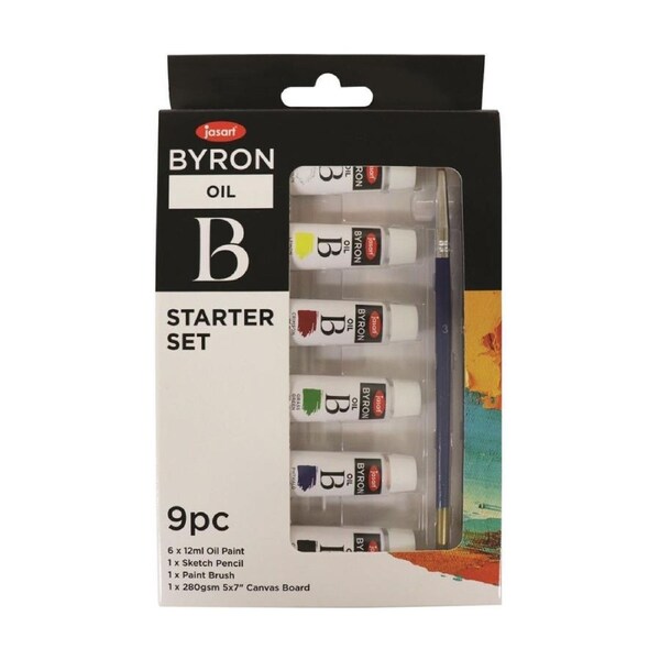 9pc Jasart Byron Starter Set 12ml Oil Paint Tube/Pencil w/ 5x7" Canvas Board
