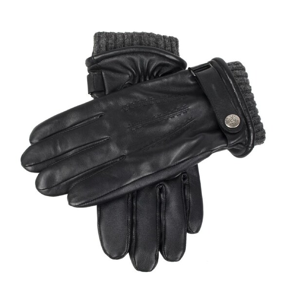 Mens Wool Blend Lined Touchscreen Leather Gloves in Black Large