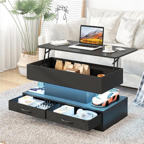 Advwin Lift up Top Coffee Table with LED Lights Hidden Large Compartment and 2 Storage Drawers Rectangle Wood Central Table Black