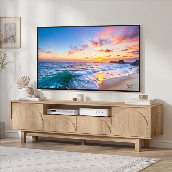 BYRON TV Entertainment Unit with Arched 2 Doors and 2 Drawers Storage TV Cabinet with Open Shelves 180 CM