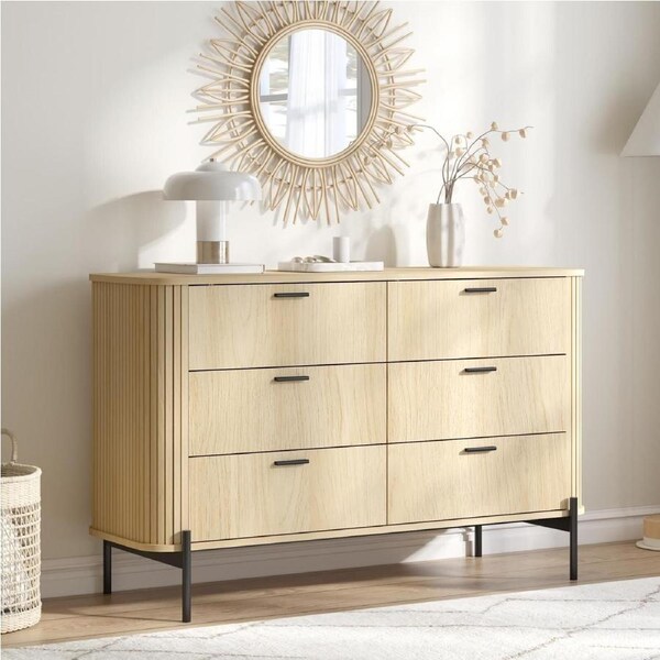 Fluted 6 Drawer Chest of Drawers Lowboy Dresser Storage Cabinet for Bedroom