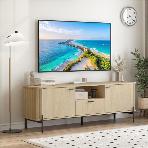 Fluted TV Entertainment Unit - 160CM Fluted TV Cabinet TV Unit for Bedroom & Living Room Natural Oak