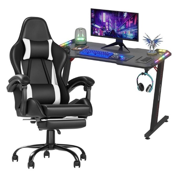 Advwin RGB Gaming Chair Desk Set Office Table Racing Seat w/Footrest(Black Desk+ White & Black Chair)