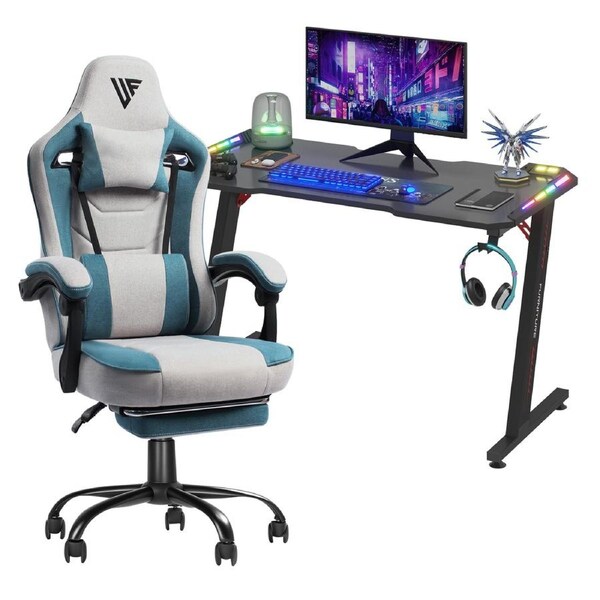 Advwin RGB Gaming Chair Desk Set Office Table Racing Seat w/Footrest(Black Desk+ Green & Grey Chair)