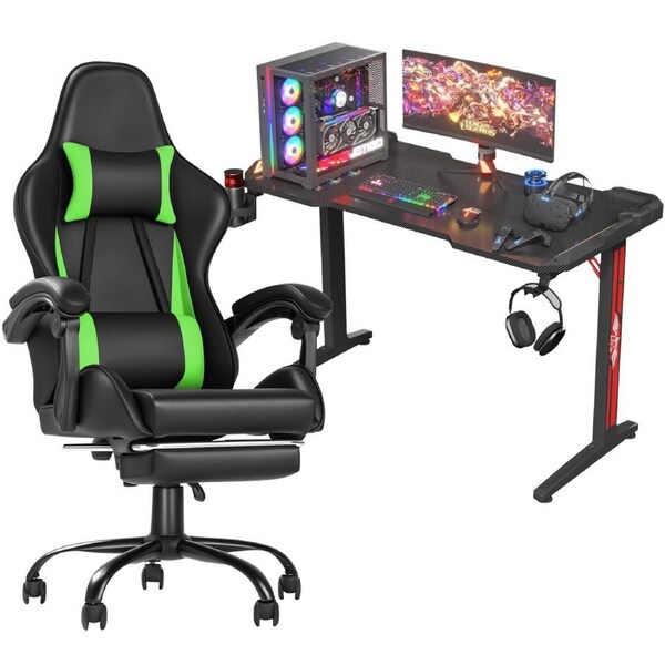 Advwin Gaming Chair Desk Set RGB Office Table Racing Seat(RGB Black Desk + Green & Black Chair)