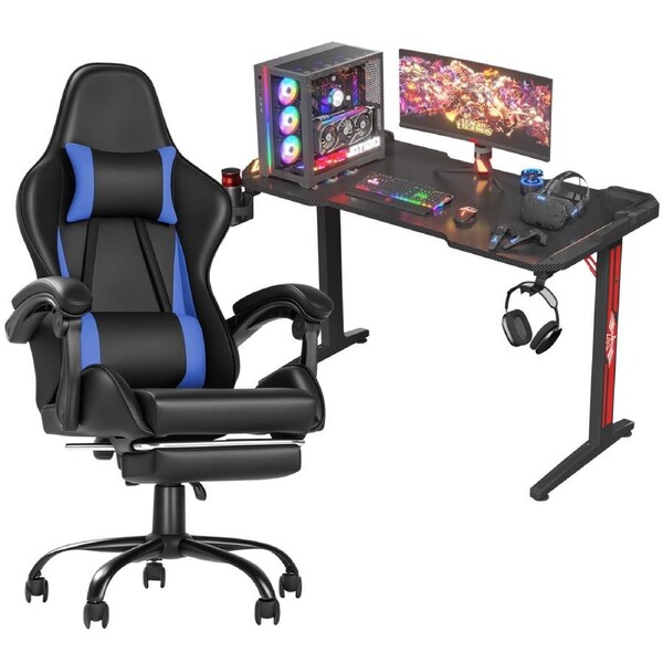Advwin Gaming Chair Desk Set RGB Office Table Racing Seat w/Footrest(Black Desk+Blue&Black Chair)