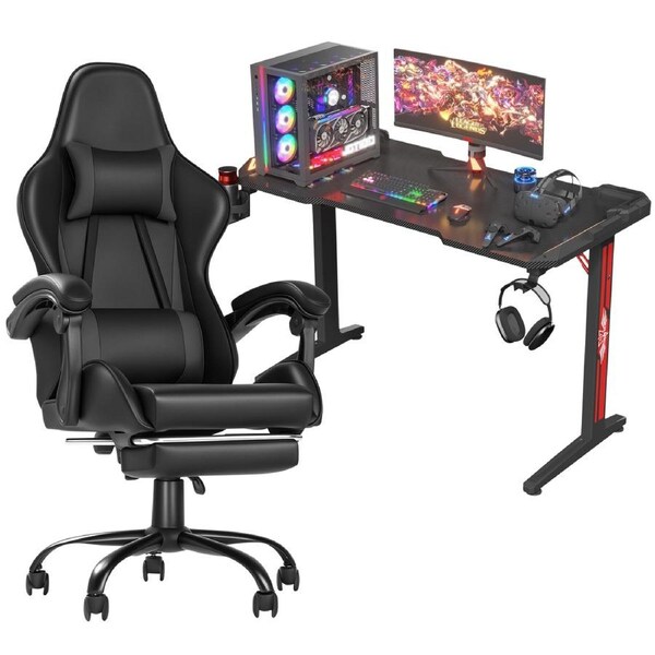 Advwin Gaming Chair Desk Set RGB Office Table Racing Seat(RGB Black Desk + Black Chair)