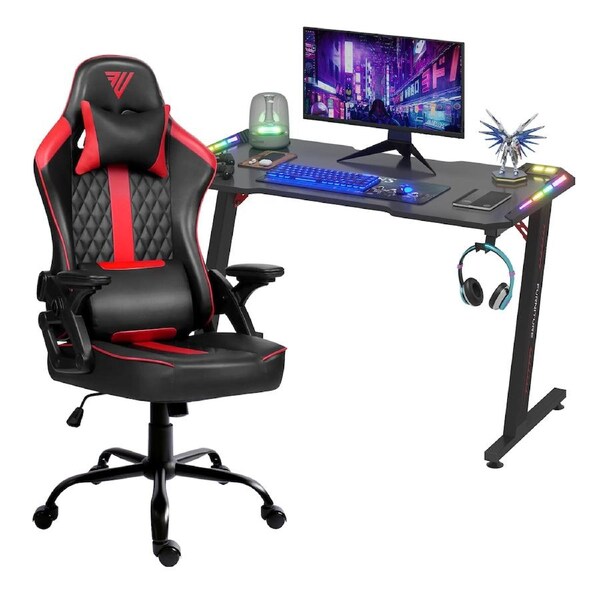 Advwin Gaming Desk RGB LED Light & Gaming Chair RGB LED Recliner Office Chair Red & Black