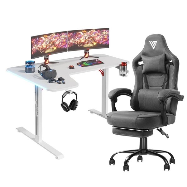 Advwin L Shape 140cm Gaming Desk RGB LED Light White & Gaming Chair Racing Seat w/Footrest Office Chair Dark Grey