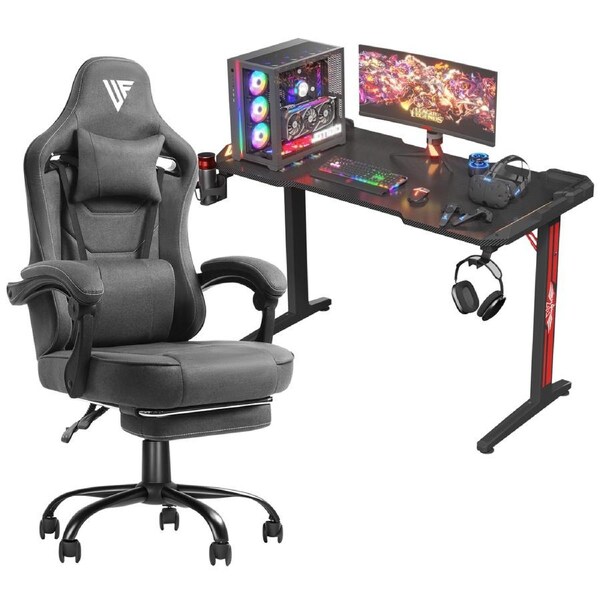 Advwin Gaming Chair Desk Set RGB Office Table Racing Seat w/Footrest(Black Desk+ Dark Grey Chair)