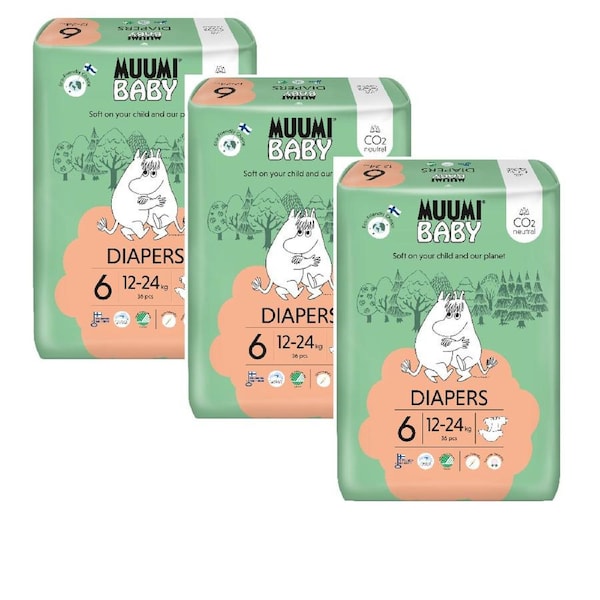 Muumi Nappies Size 6 Junior 12-24kg (3x36) Carton of 108
