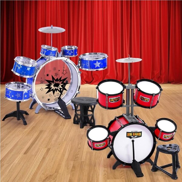 Keezi Kids Pretend Play 6/7 Drum Set Junior Drums Kit Musical Play Toys Childrens Model 2 - Blue