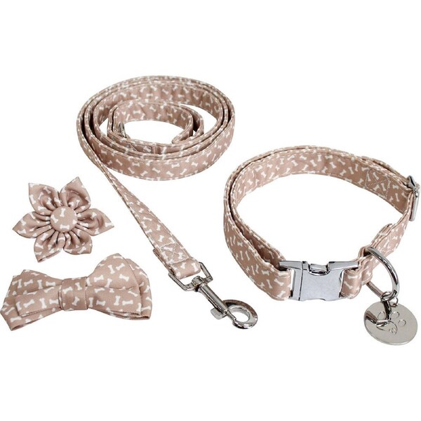 Lavida Polyester/Metal Pet/Dog M-L Strap Collar & Accessories Set Bones Beige