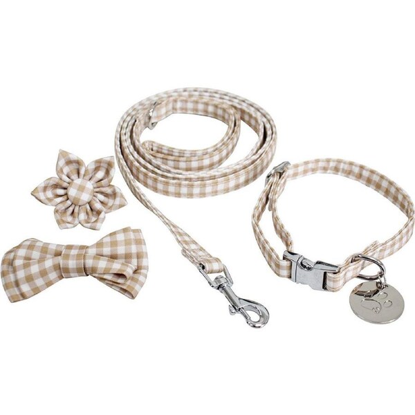 Lavida Polyester/Metal Pet/Dog S-M Strap Collar & Accessories Set Check Beige
