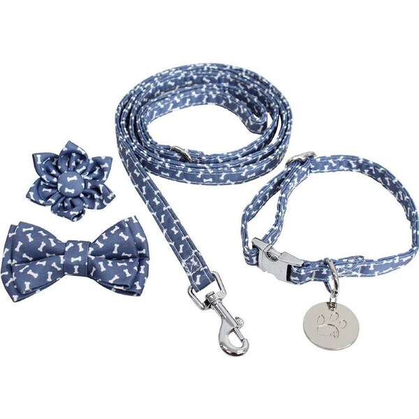 Lavida Polyester/Metal Pet/Dog S-M Strap Collar & Accessories Set Bones Blue