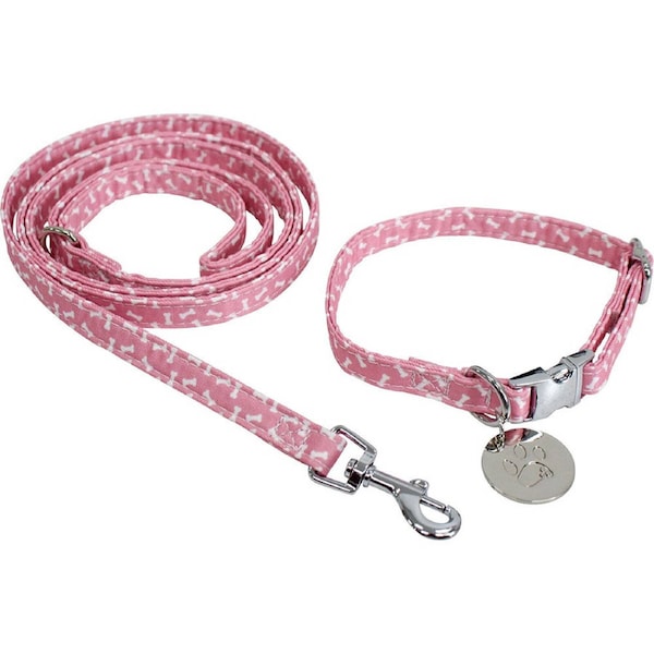 Lavida Polyester/Metal Pet/Dog Adjustable Strap Collar & Lead Set SML Bones PNK