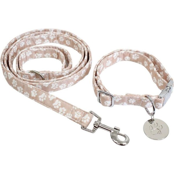 Lavida Polyester/Metal Pet/Dog Strap Collar & Lead Set Medium Paws Beige