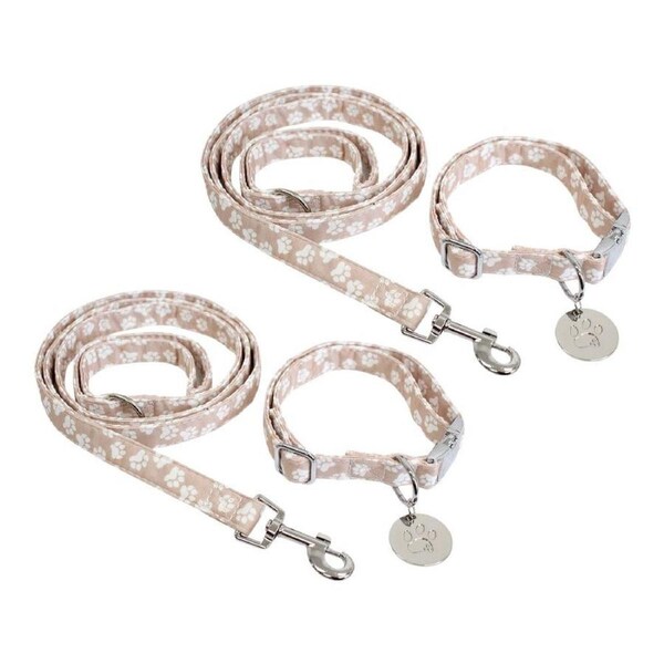 2PK Lavida Polyester/Metal Pet/Dog Strap Collar & Lead Set Medium Paws Beige