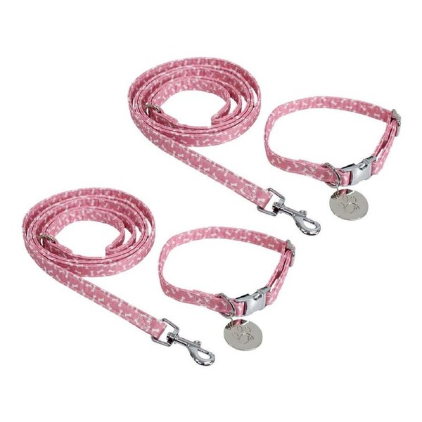2PK Lavida Polyester/Metal Dog Adjustable Strap Collar & Lead Set SML Bones PNK