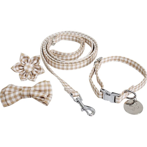 2PK Lavida Polyester/Metal Pet/Dog S-M Strap Collar & Accessory Set Check Beige