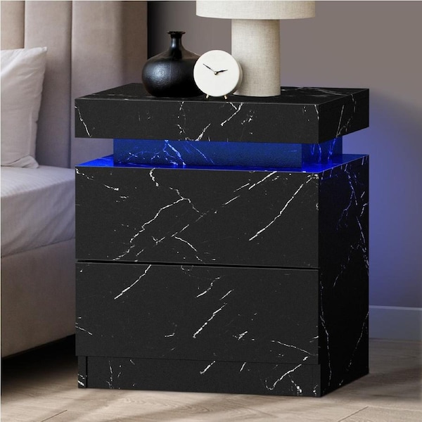 Oikiture Bedside Table 2 Drawers LED Side Tables Nightstand Marble Effect Black