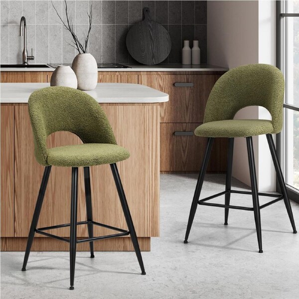 Oikiture 2x Bar Stools Kitchen Counter Stool Dining Chairs Boucle Green HORN