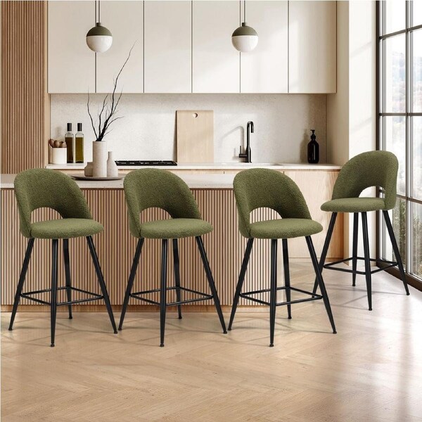 Oikiture 4x Bar Stools Kitchen Counter Stool Dining Chairs Boucle Green HORN